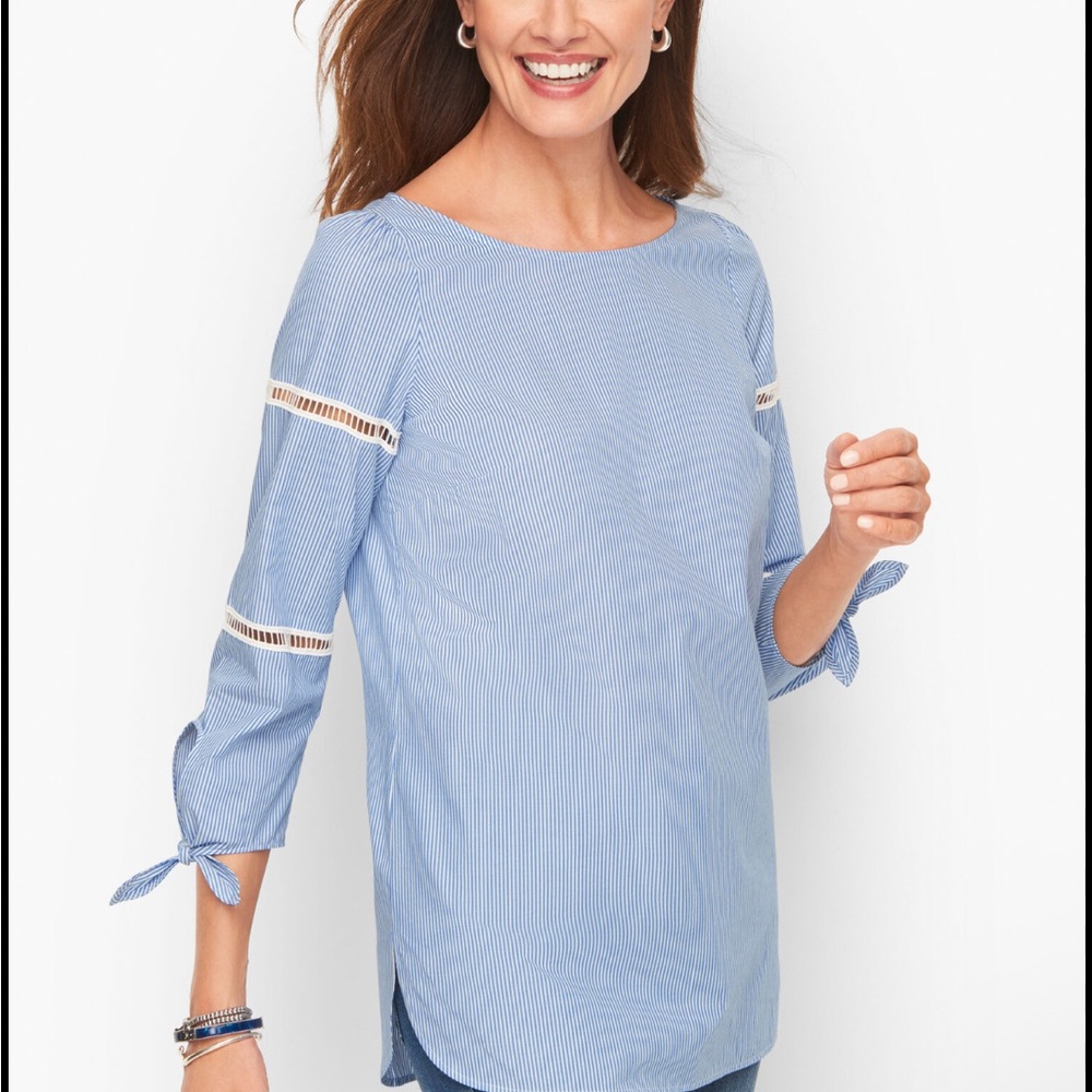 Tie Sleeve Detail Blue Poplin Striped Women's Top